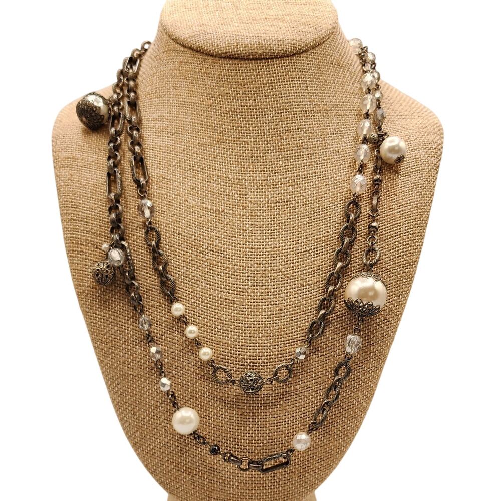 White House Black Market Multi Strand Necklace Faux Pearls Silver Tone 80s Style